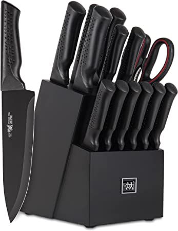 knife set, Dishwasher Safe Kitchen Knife Set with Block, 15 Pcs Black knife sets for kitchen with block Self Sharpening, 6 Steak Knives, Anti-slip handle, Black