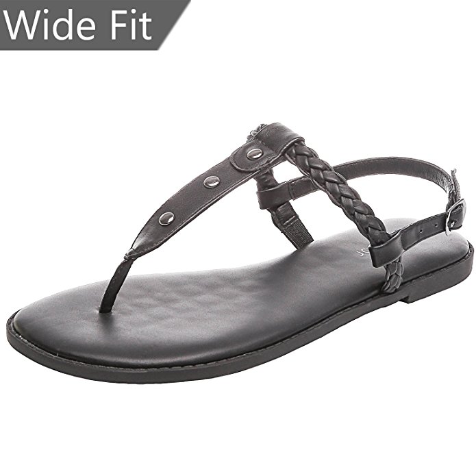 Aukusor Women's Wide Width Flat Sandals - Flip Flop Open Toe T-Ankle Strap Flexible Summer Flat Shoes
