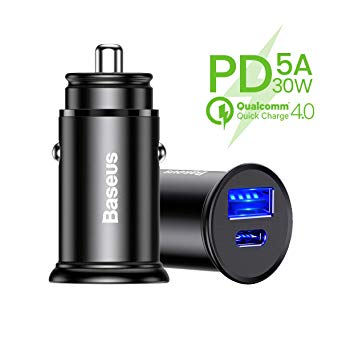 Baseus Car Charger, USB C Car Adaptor with PD3.0 5A 30W Quick Charge for iPhone X/XS/XR/XSMax, iPad Pro 2018, QC4.0 QC3.0 Fast Charge for Samsung Galaxy S9/S8/Note9, Huawei Mate20 Pro SCP FCP – Black