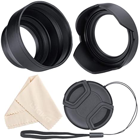 waka 67mm Lens Hood Set, Reversible Tulip Flower   3 Stages Collapsible Rubber Lens Hood   Center Pinch Lens Cap with Cap Keeper Leash   Microfiber Cleaning Cloth