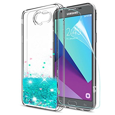 Galaxy Amp Prime 2/Express Prime 2/J3 Mission/J3 Emerge/J3 Prime/J3 Eclipse/J3 Luna Pro/Sol 2 Case with HD Screen Protector,LeYi Girls Glitter Liquid Clear TPU Case for Samsung J3 2017 ZX Turquoise