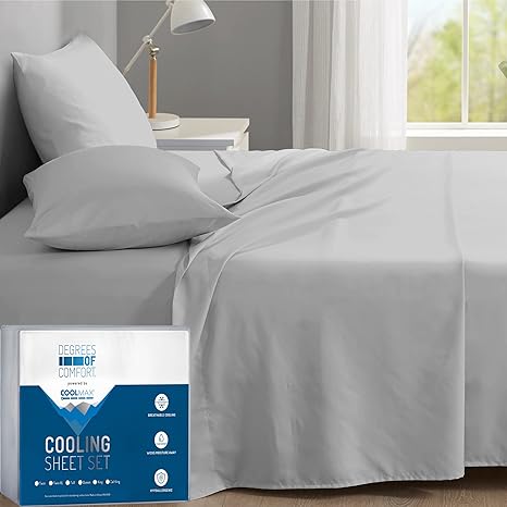 Degrees of Comfort Coolmax Cooling Sheets for King Size Bed | Best Sheet Set for Hot Sleepers | Soft, Deep Pocket, Light Grey, 4-Pcs