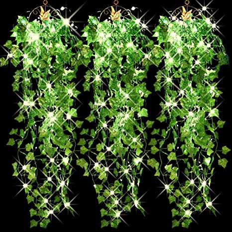 3 Packs LED Artificial Hanging Plants, 3.6 ft Fake Hanging Plant, Ivy Vine Fake Leaves Greeny Chain Wall Home Room Garden Wedding Garland Outside Decoration (Basket Not Included)