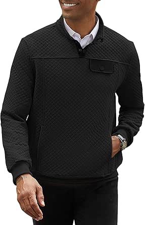 Mens Button Pullover Quilted Sweatshirt Casual Long Sleeve Mock Neck Sweater Polo with Pocket