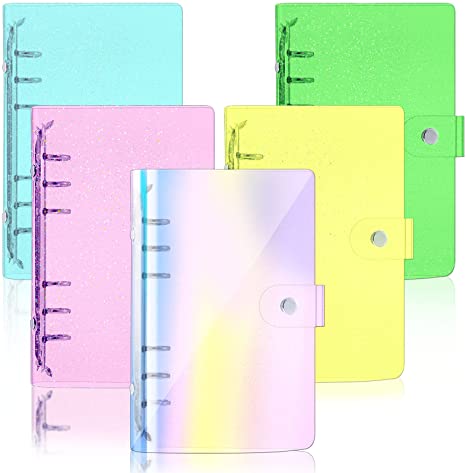 5 Pieces A6 PVC Binder Clear A6 Binder Glitter Rainbow 6-Ring Transparent Notebook Cover Snap Button Closure Loose Leaf Folder Notebook Round Ring Clear Binder Cover Protector