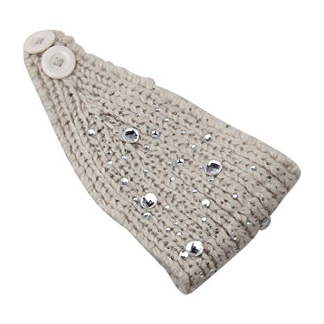 JYS Turban Women Crochet Ear Warmer Headband Knit Hair Band Big Rhinestone Headwrap
