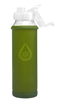 Eveau Glass Water Bottle with Flip Lid/Straw Lid, Bumperguard Silicone Sleeve, Wide Mouth Opening, 21 Ounce/630 ml