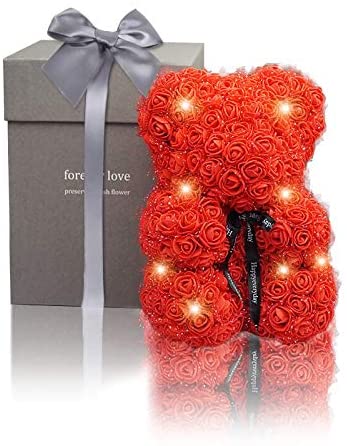 Amycute Flower Bear with Gift Box, Artificial Preserved Flower Bear Creative Gift for Birthday, Valentine 's Day, Anniversary, Wedding for Girlfriend Girls (Red)