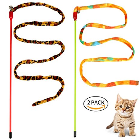 ONSON Cat Toys Interactive, Cat Toy Wand, Teaser Wand Toy Bell Dangler Set With Zebra & leopard Stripes, For Cats Kitten Catnip (2 Pack)