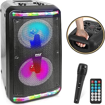 Pyle Bluetooth Speaker & Microphone System - Portable Stereo Karaoke Speaker with Wired Mic, Built-in LED Party Lights, MP3/USB, FM Radio (6.5’’ Subwoofers, 500 Watt MAX) (PPHP266B.5)