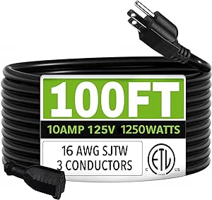 BN-LINK 100 ft Outdoor Extension Cord 16/3 SJTW, Black, 3-Prong Grounded Plug, Weather Resistant, Power Cord for Garden, Yard, Landscaping & Holiday Decorations, ETL