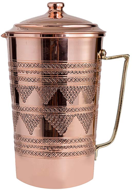 New CopperBull 2017 Heavy Gauge 1mm Solid Hammered Copper Water Moscow Mule Serving Pitcher Jug with Lid, 2.2-Quart (Engraved Copper 2)