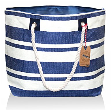 Large Zipper Top Stripe Straw Look Beach Bag Tote - 20"x15"x6"