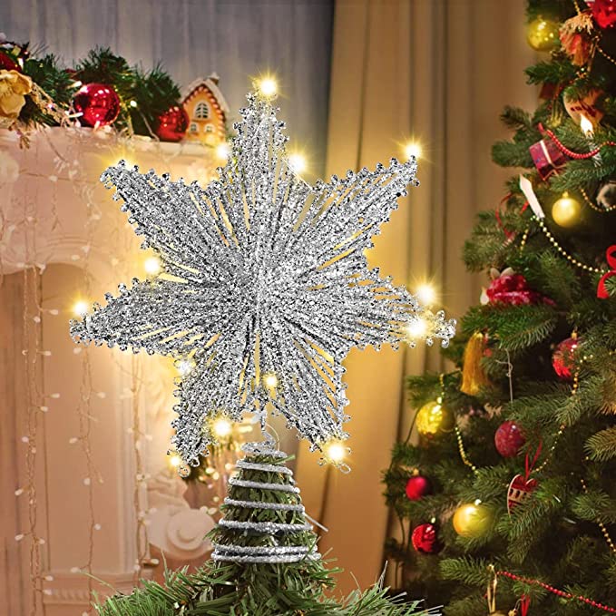 Ywlake Christmas Star Tree Topper Lighted, Metal Glittered Timed Battery Powered 3D Hollow Design Xmas Tree Hat Topper Treetop with Warm Led Lights for Indoor Christmas Decoration Silver