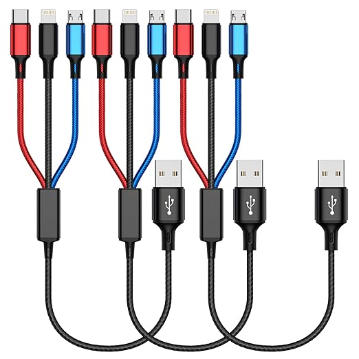 Short Multi Charging Cable, (3Pack 1FT) Multi Charger Cable Braided 3 in 1 Charging Cable Multi Chargers for All Devices USB to Multiple Connectors with IP/Type C/Micro Ports for Cell Phone & Tablets