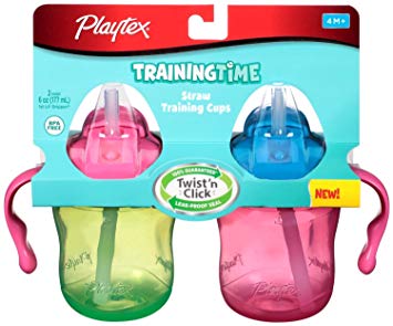 Playtex Training Time Pink and Green Straw Cups, 6 Ounce, 2 Cups