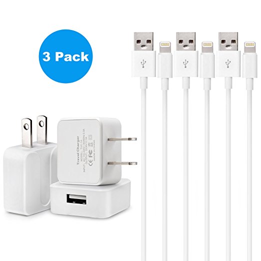 Fleeken Portable 5W / 1A Power Adapter with 3 Feet / 1 Meter 8Pin Lightning to USB Charging - (3 Pack)