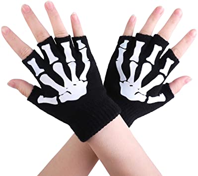 Cooraby 2 Pairs Kids Skeleton Gloves Glow in The Dark Fingerless Knitted Gloves