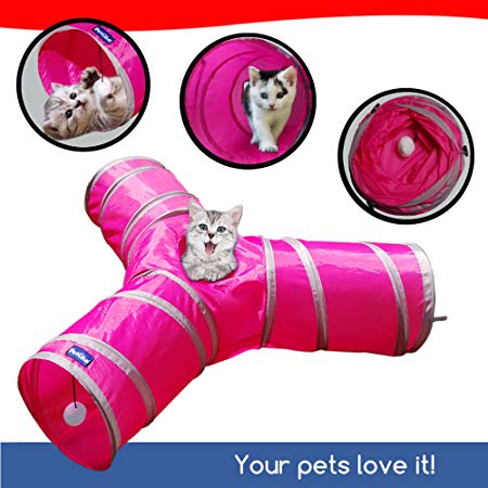 PetLike 3 Way Cat Tunnel Crinkle Collapsible Pet Tube Hideaway Interactive Play Toy with Ball