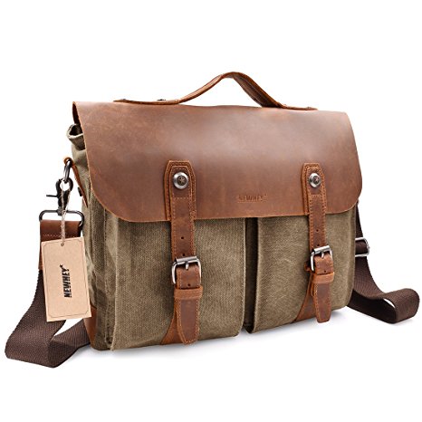 Vintage Canvas Messenger Satchel 15.6'' laptops Bag,Crazy Horse Leather Briefcase Crossbody Shoulder Handle NoteBook Computer Bag,16.9"(L)x11.8"(H) x 5.5"(W)(Coffee)-Buy Bag Get Belt