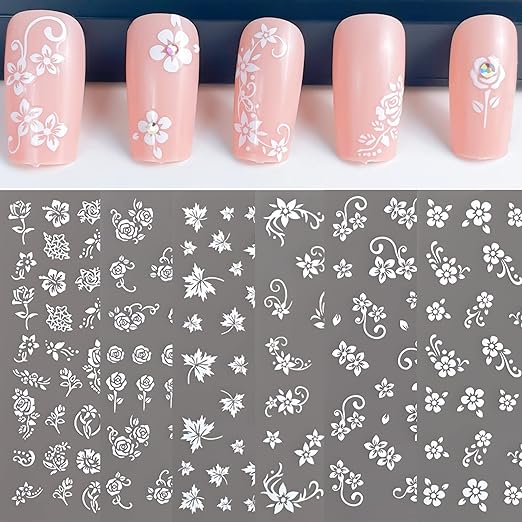 White Flower Nail Art Decal Stickers for Women Fingernails Acrylic Nails Designs and Nail Decoration Self Adhesive Floret Nail Stickers for Nails Decor (Pack of 6)