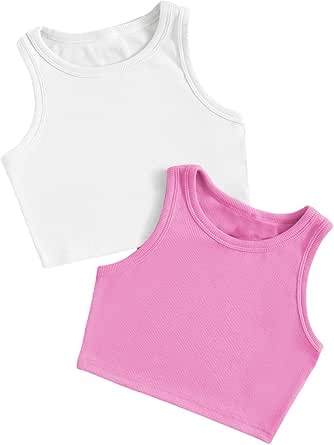 Milumia Girl's 2 Pack Ribbed Knit Sleeveless Round Neck Casual Baisc Crop Tank Top