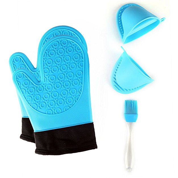 Jonhen Heat Resistant Silicone Oven Gloves Non-Slip with Cotton Lining for Kitchen Baking - Oven Mitts 1 Pair, Bonus Brush & Pot Holder (blue)