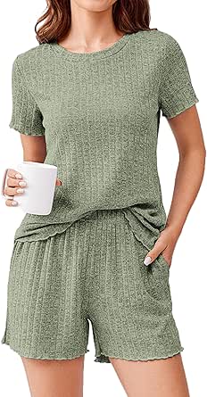 Ekouaer Pajamas Sets for Women Ribbed Knit Lounge Sets Soft Short Sleeve Floral Hems Pjs Casual Sleepwear Set