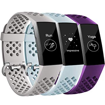 Maledan Bands Compatible with Fitbit Charge 3, Replacement Accessories Breathable Sport Band Wristbands with Air Holes for Charge 3 and Charge 3 SE Fitness Activity Tracker Women Men, 3-Pack