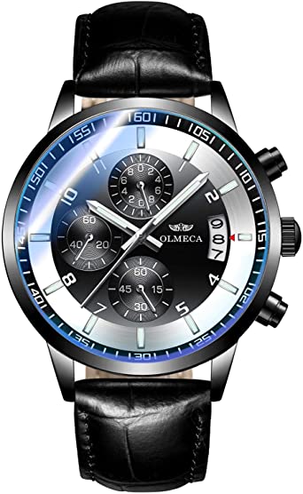 OLMECA Men's Watch Sports Dress Fashion Analog Quartz Watches Stainless Steel Chronograph Date Watch Waterproof Wrist Watch for Men Genuine Leather Strap 902pd