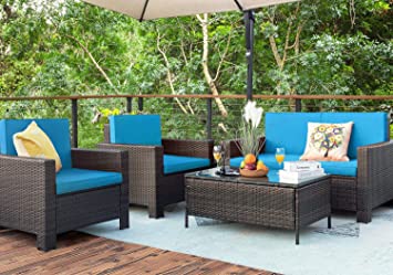 Homall 4 Pieces Outdoor Patio Furniture Sets Rattan Chair Wicker Conversation Sofa Set, Outdoor Indoor Backyard Porch Garden Poolside Balcony Use Furniture (Blue)