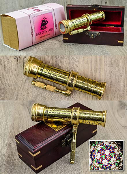 Sailor's Art Handmade Kaleidoscope Toy Polished Brass with Handheld Stick & Wooden Box,Return Gifts for Kids Birthday,Golden Finish,Kaleidoscope Toy for Kids,Adults,Friends,Children, 3D Mirror Lens