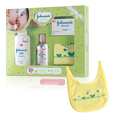 Johnson's Baby Care Collection Baby Gift Set with Organic Cotton Bib & Baby Comb (5 pieces,Multicolor)