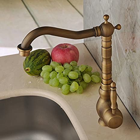 Hiendure Antique Brass Unique Designer Plumbing Fixtures Single Hole Long Curve Spout Kitchen Faucet Bathroom Mixer Taps