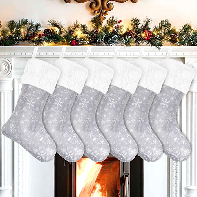 Senneny Christmas Stockings - 6 Pack 18" Grey and White Snowflake Christmas Stockings with White Plush Faux Fur Cuff, Large Christmas Stockings Decorations for Family Christmas Holiday Party