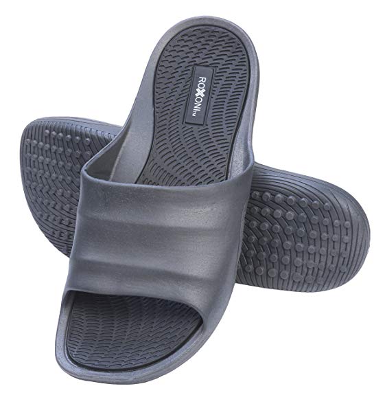 Roxoni Mens Slide Sandals Open Toe Flip Flop Beach and Shower Shoe ; Non-Slip Slipper with Great Arch Support