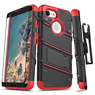 Zizo Bolt Series Compatible with Google Pixel 3 Case Military Grade Drop Tested with Full Glass Screen Protector Holster and Kickstand Black Red