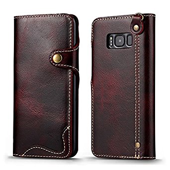 Galaxy S8 Plus Leather Book Case, Genuine Cowhide Handmade Folio Wallet Case, Slim Shockproof Flip Cover with Card Slots, Snap Magnetic Closure and Hand Strap for Samsung Galaxy S8 Plus - Wine