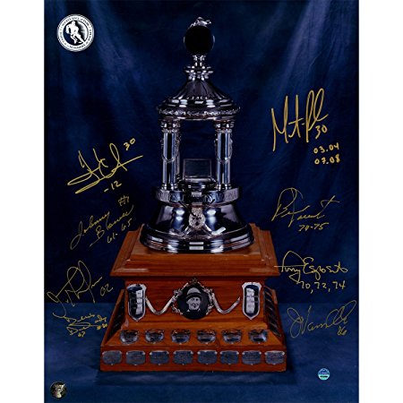 Vezina Trophy Winners Autographed 11 inch x 14 inch Photo 8 Signatures Insc- Bower, Dejordy, T. Esposito, Parent, Theodore, Vanbiesbrouck, Lundqvist Brodeur Frozen Pond SSM