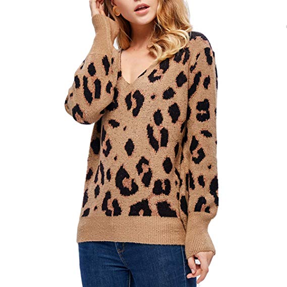 Women's Sexy Leopard Long Sleeve Loose Blouse Casual Top Pullover Sweater White