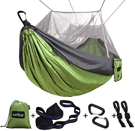 Single & Double Camping Hammock with Mosquito/Bug Net, 10ft Hammock Tree Straps and Carabiners, Easy Assembly, Portable Parachute Nylon Hammock for Camping, Backpacking, Survival, Travel & More