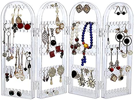 256 Holes Acrylic Earrings Holder for Women,4 Doors Foldable Screen Necklace Display Rack,Hanging Jewelry Organizer Double Sided Stand Display,Clear By Cq acrylic