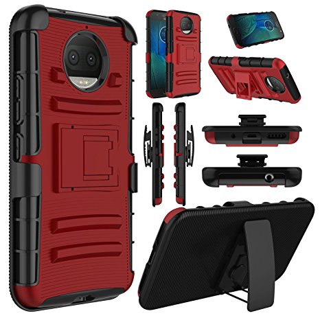 Moto G5S Plus Case, Elegant Choise Hybrid Heavy Duty Dual Layer Shockproof [Swivel Belt Clip] Holster with [Kickstand] Rugged Protective Case Cover for Motorola Moto G5S Plus / XT1806 (Red/Black)