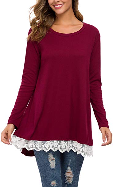 ATOPDREAM Women's Tops Long Sleeve Lace Scoop Neck A-line Tunic