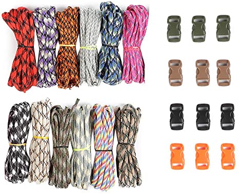 ACKEIVTO 550lb Survival Paracord Combo Crafting Kits in 9ft in 12 Colors with Pack of 12 Buckles