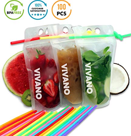 Drink Pouches 100pcs, Perfect for Frozen Smoothie, Stand-Up Translucent Plastic Bag, Disposable Drink Pouches with Straw Non Toxic, BPA Free