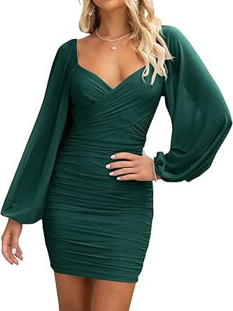 BTFBM Women's Elegant Ruched Bodycon Dresses Summer Fall Mesh Long Sleeve Cross V Neck Party Club Cocktail Mini Dress