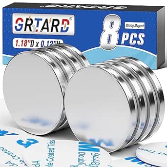 Grtard 8Pack Neodymium Magnets Heavy Duty, Powerful Permanent Rare Earth Magnets, Super Strong Neodymium Disc Magnets with Double-Sided Adhesive for DIY, Building, Fridge, Craft - 1.18”D x 0.12”H