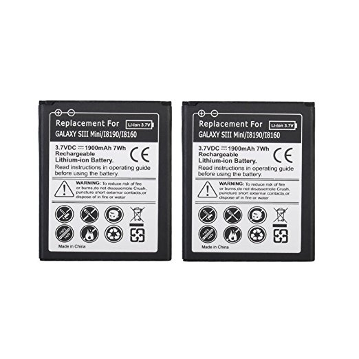 Hausbel 3.7v 1500mAh Li-ion Rechargeable Replacement Battery for Samsung Galaxy S3 mini i8190 (Pack of 2 - Non-Retail Packaging)
