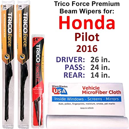 Premium Beam Wipers for 2016 Honda Pilot Set w/Rear Trico Force Beam Blades Wipers Set Bundled with MicroFiber Interior Car Cloth